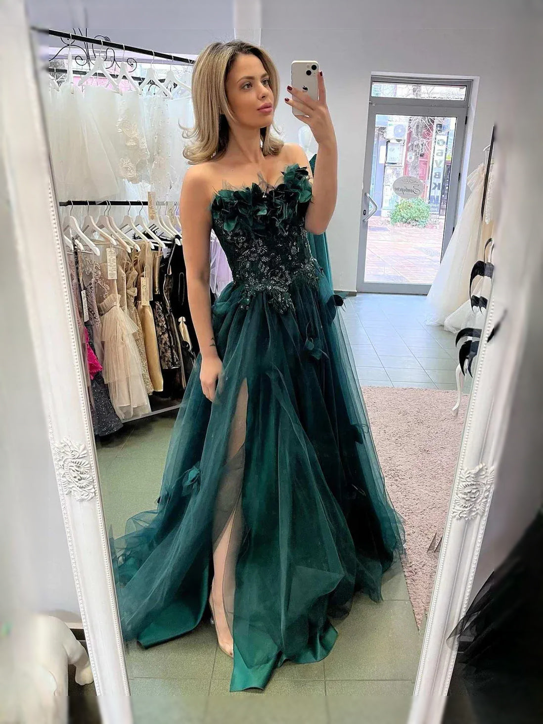 Emerald Green maxi prom dress, front view showing the a-line silhouette