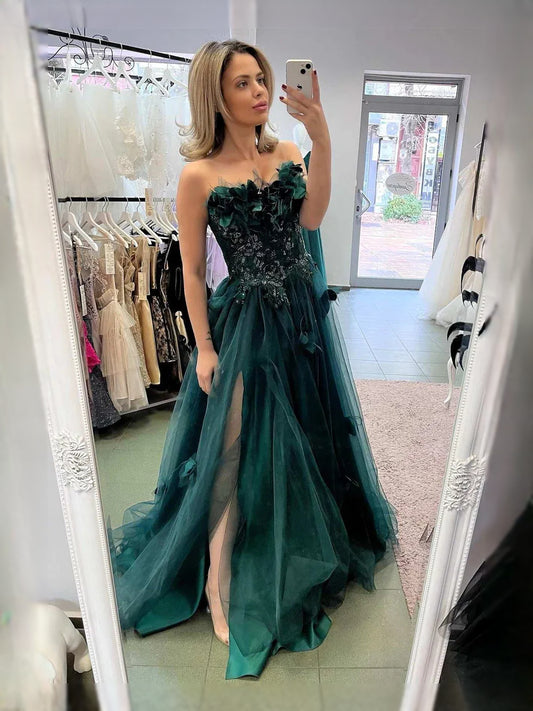 Emerald Green maxi prom dress, front view showing the a-line silhouette
