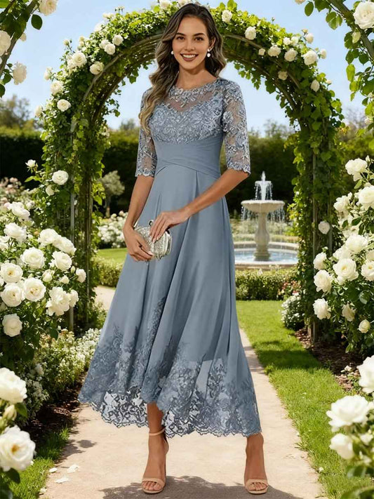 Dusty Blue tea-length mother of the bride dress, front view showing the a-line silhouette