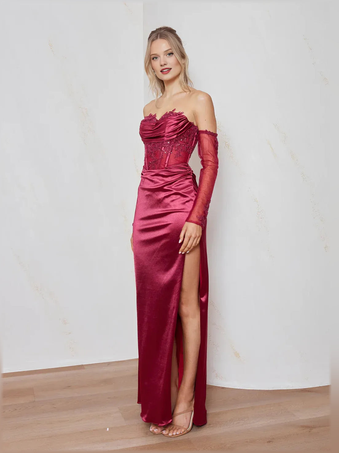Cherry sheath floor-length formal dress with sweetheart neckline, full-length front view