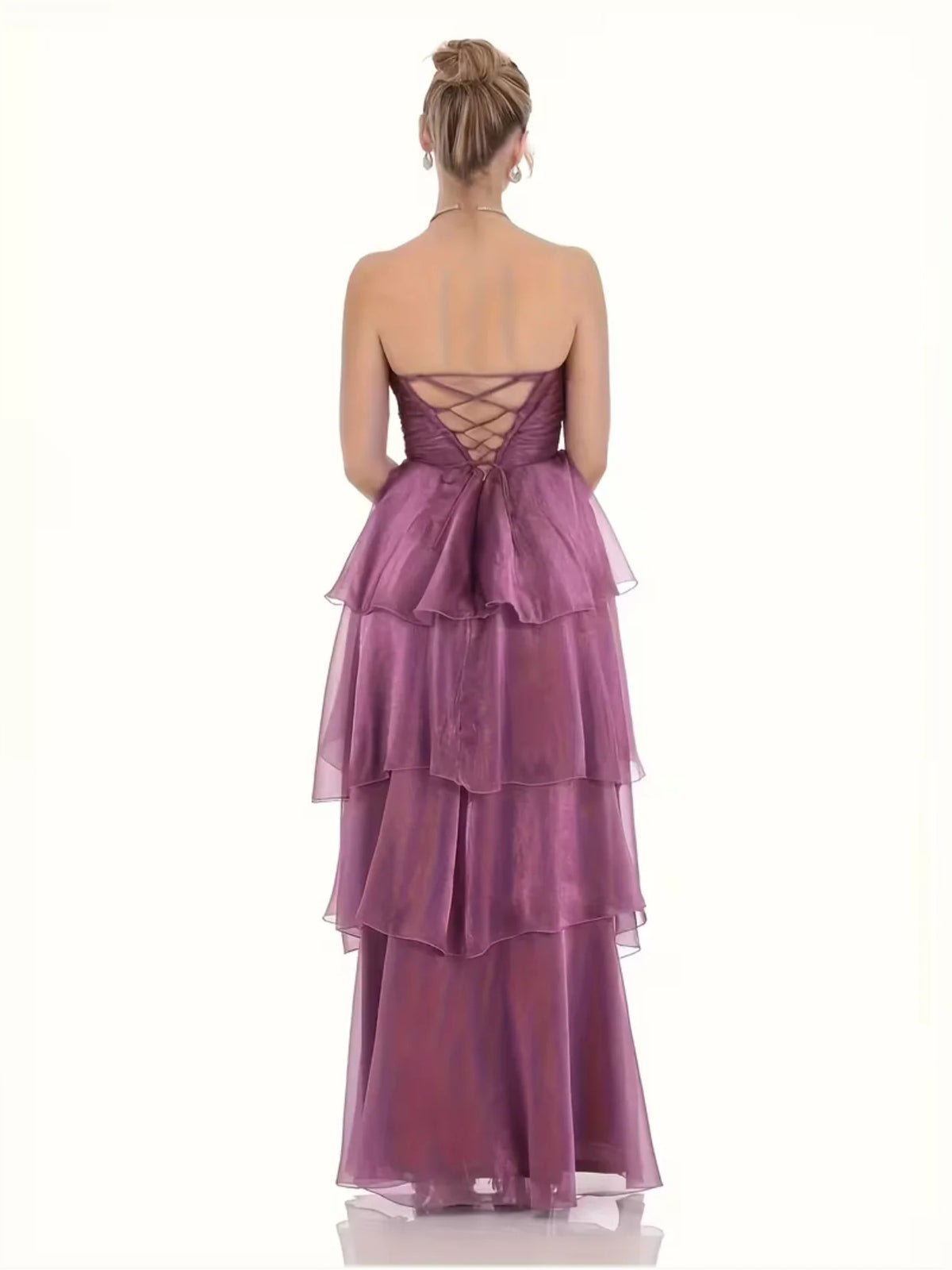Purple floor-length wedding dress, front view showing the a-line silhouette