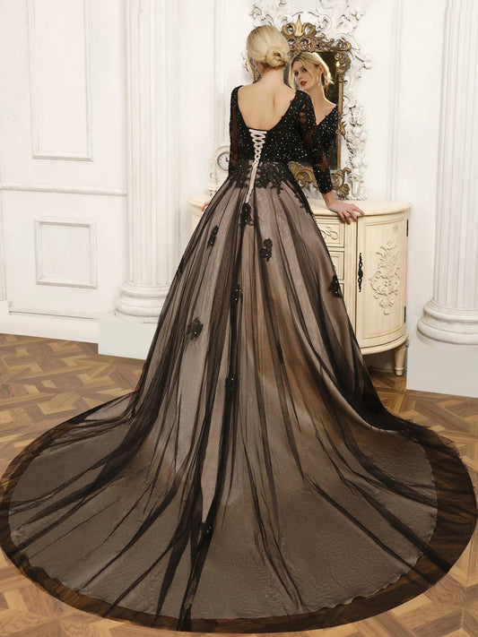Black floor-length wedding dress, front view showing the a-line silhouette