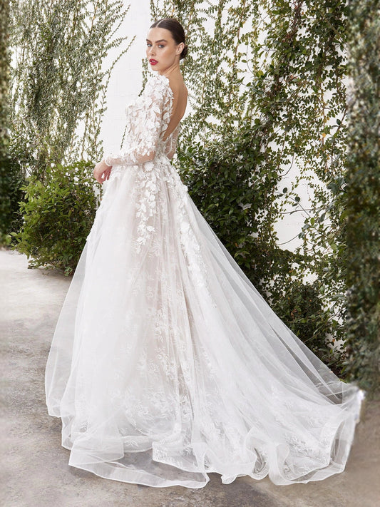 Ivory floor-length wedding dress, front view showing the a-line silhouette