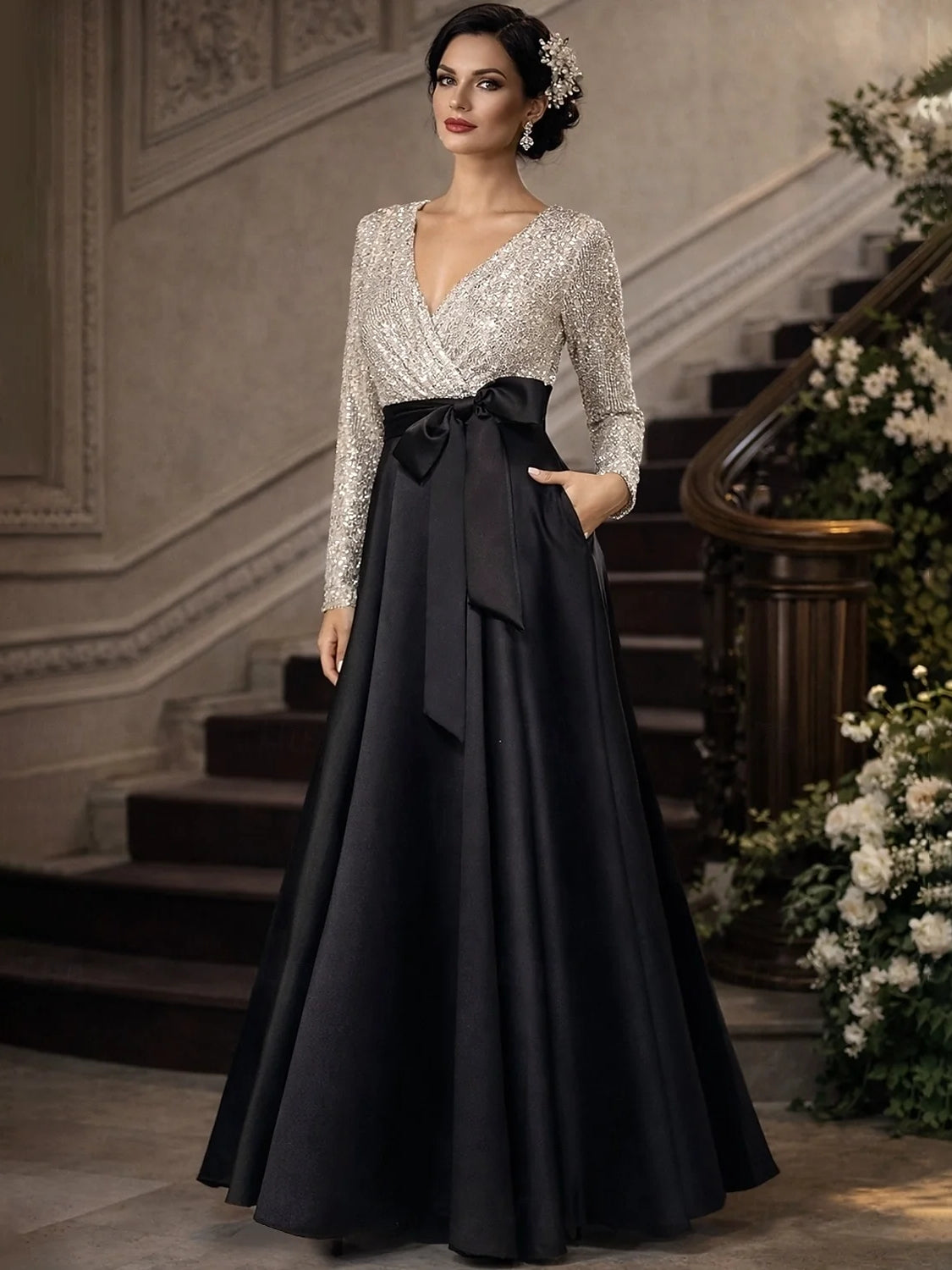 Black floor-length mother of the bride dress, front view showing the a-line silhouette