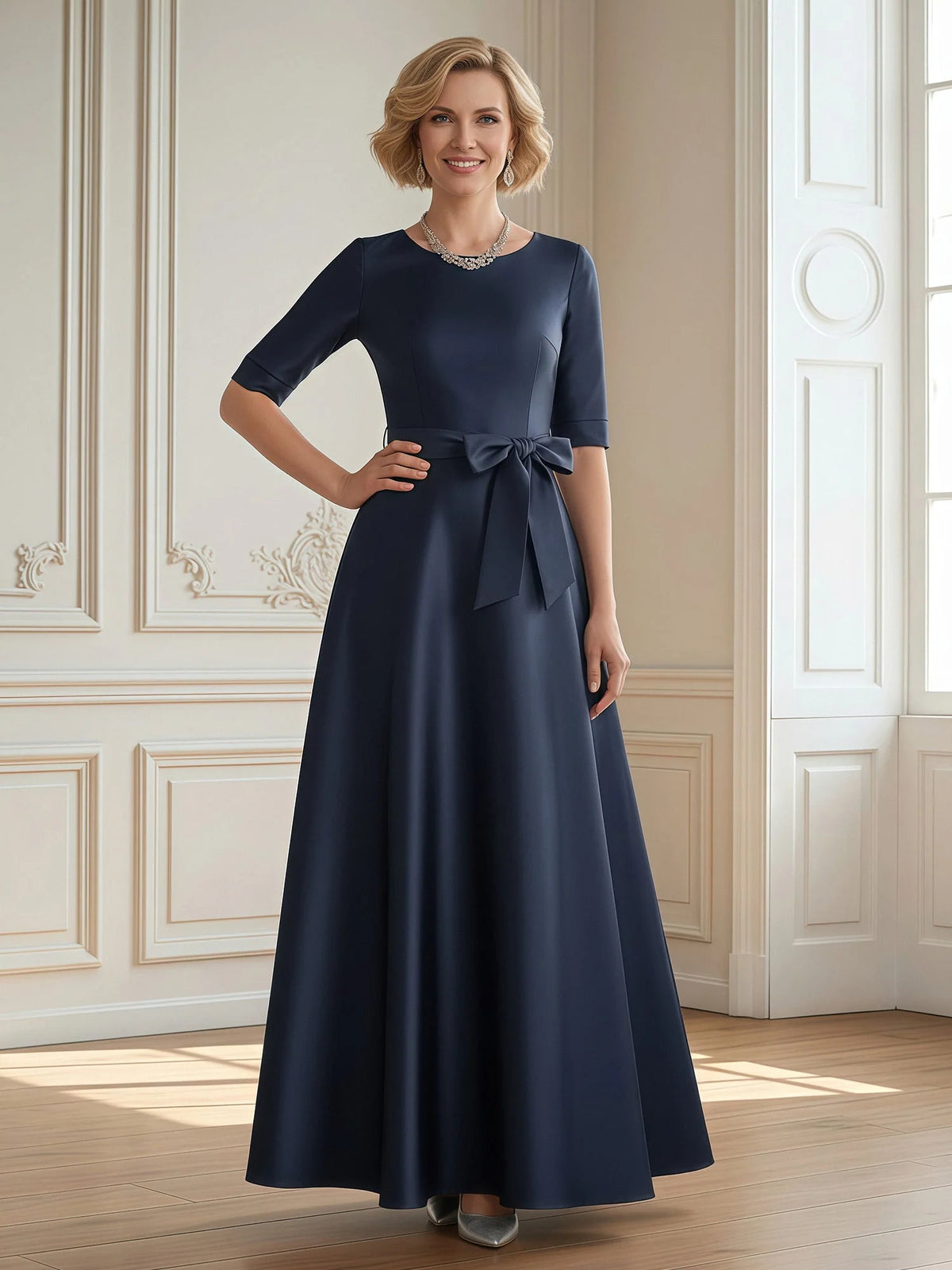 Dark Navy maxi mother of the bride dress, front view showing the a-line silhouette