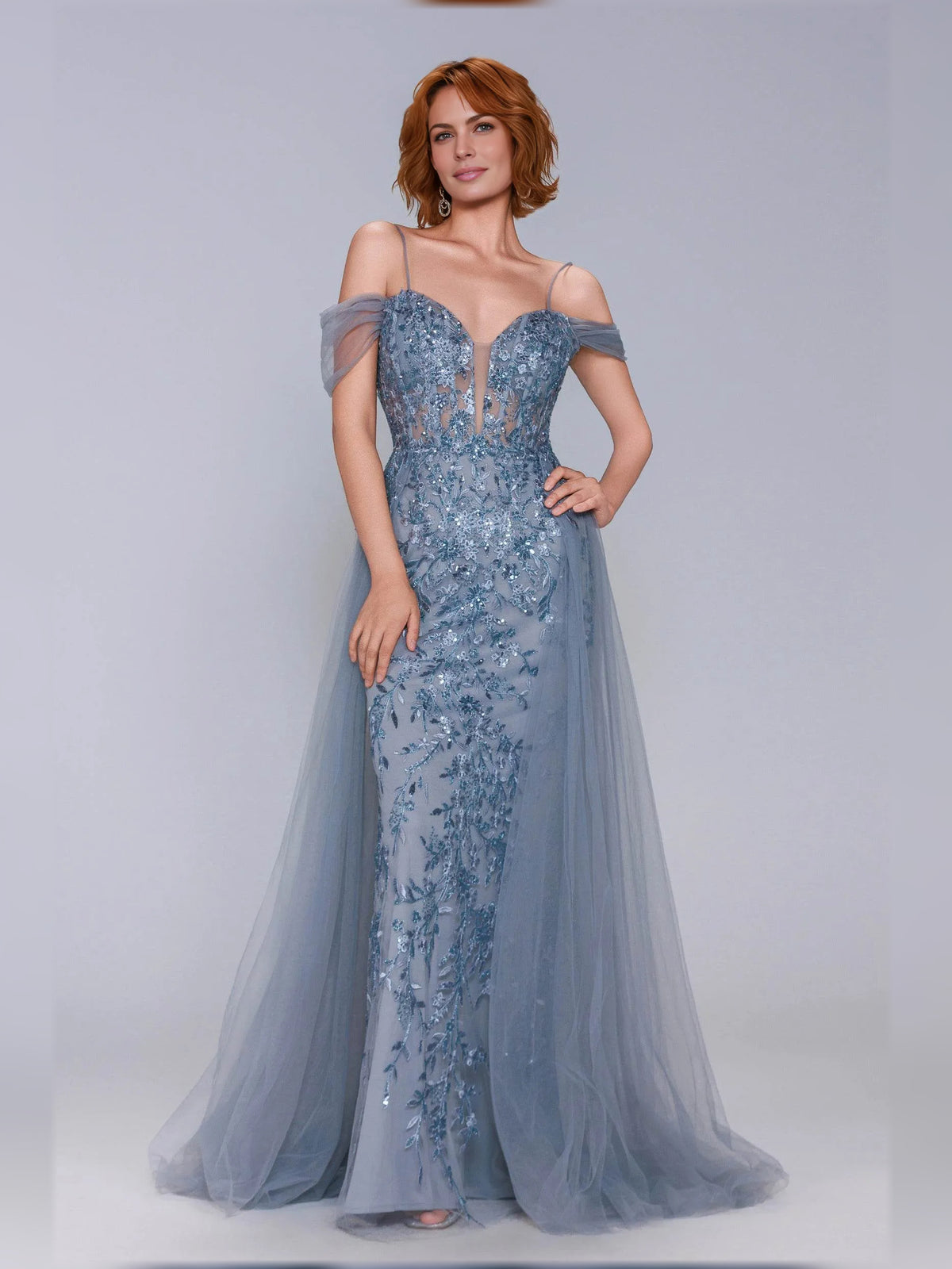 Dusty Blue mermaid floor-length formal dress with off-the-shoulder neckline, full-length front view