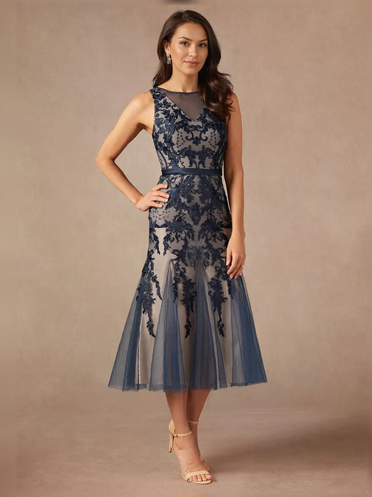 Dark Navy midi mother of the bride dress, front view showing the mermaid silhouette