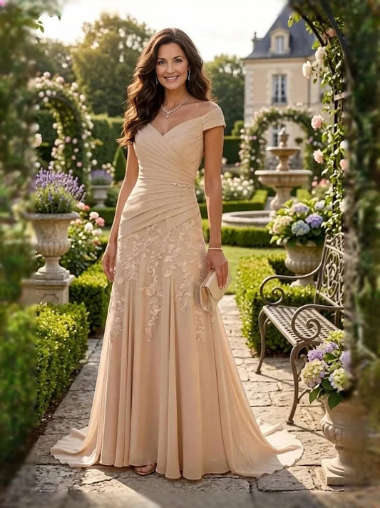 Champagne floor-length mother of the bride dress, front view showing the a-line silhouette