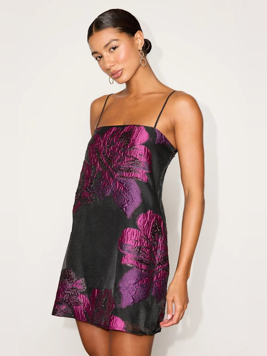 Fuchsia Floral mini homecoming dress, front view showing the silhouette