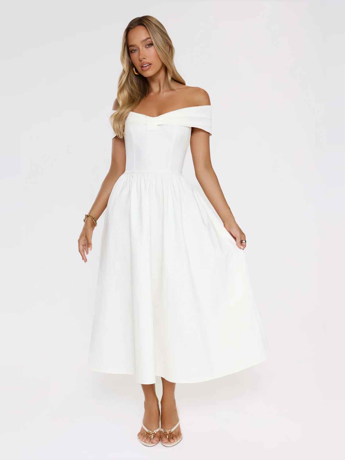 White midi formal dress with off-the-shoulder neckline, full-length front view