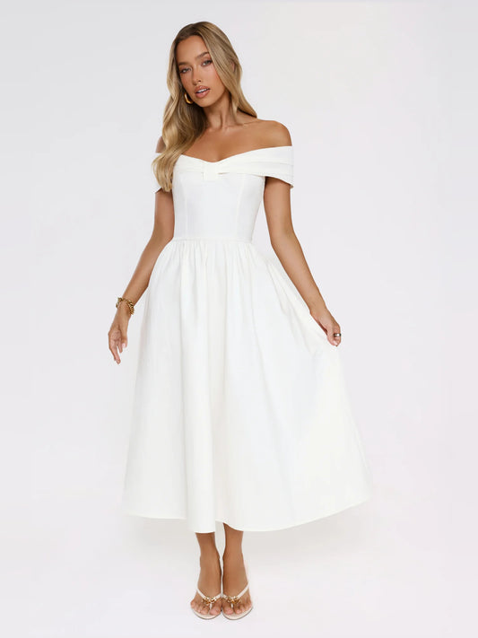 White midi formal dress with off-the-shoulder neckline, full-length front view