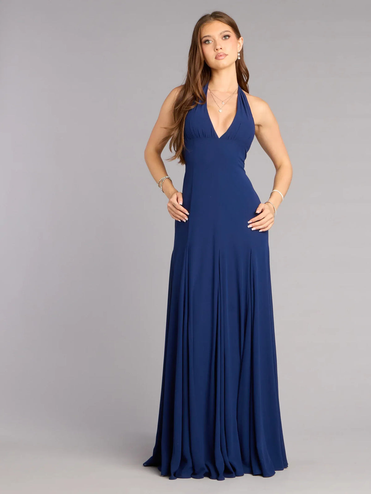 Dark Navy a-line floor-length formal dress with halter neckline, full-length front view