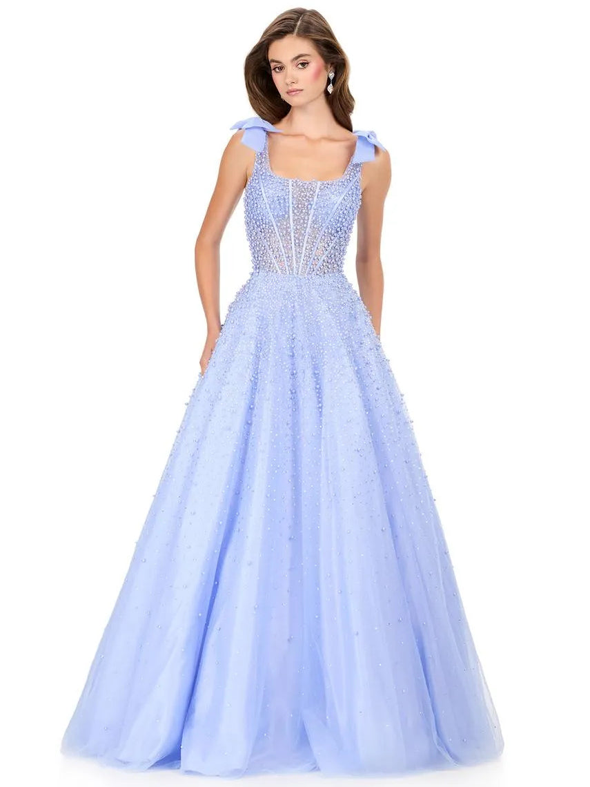 Lavender floor-length prom dress, front view showing the a-line silhouette