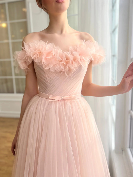Peach midi prom dress, front view showing the a-line silhouette