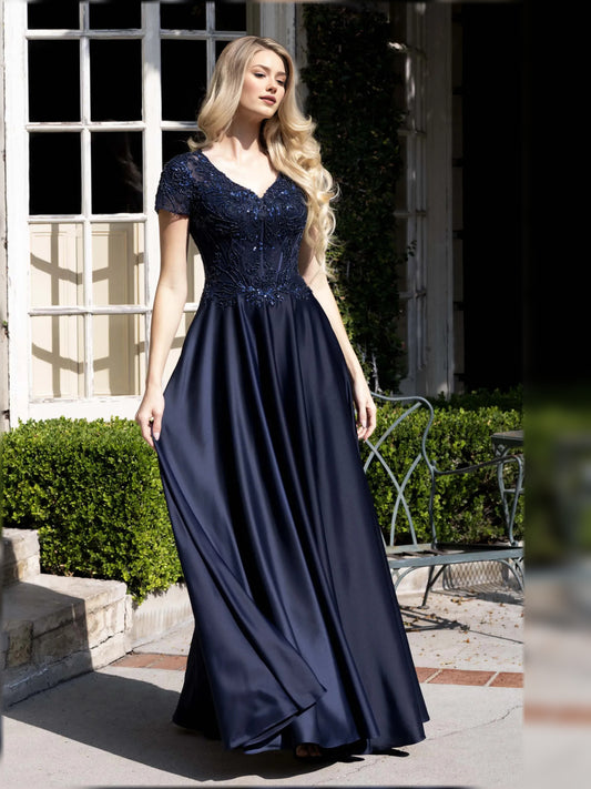 Navy Blue short mother of the bride dress, front view showing the a-line silhouette