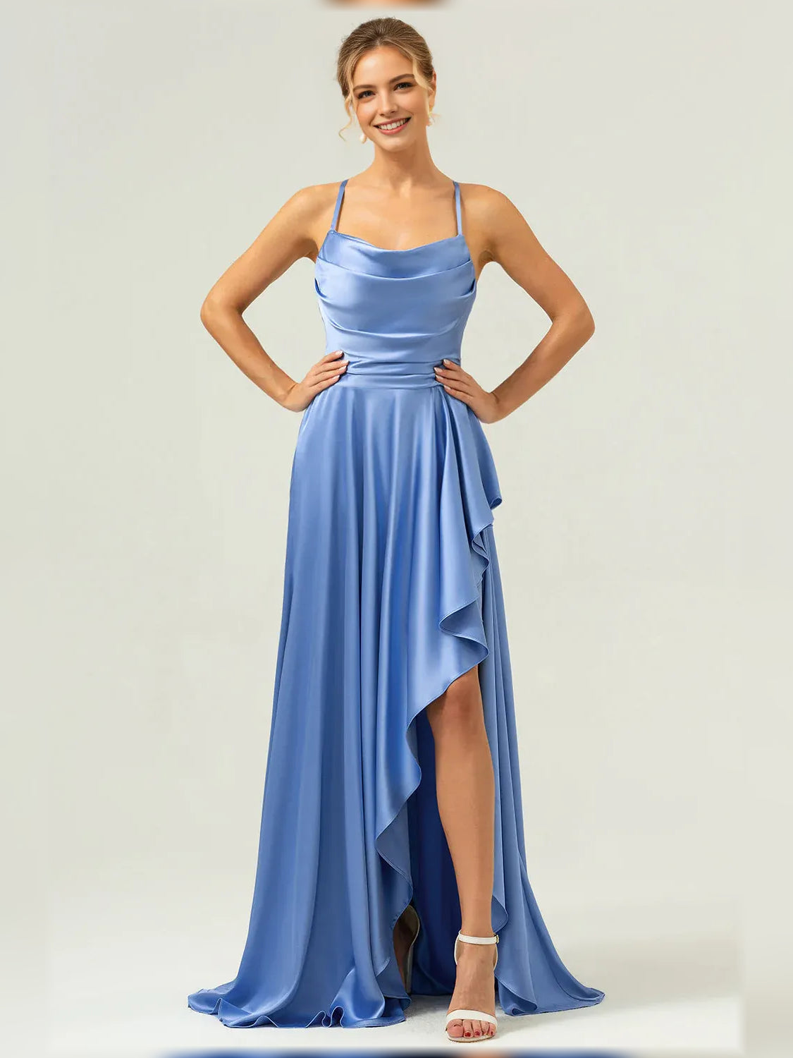 Blue a-line floor-length formal dress with cowl neckline, full-length front view