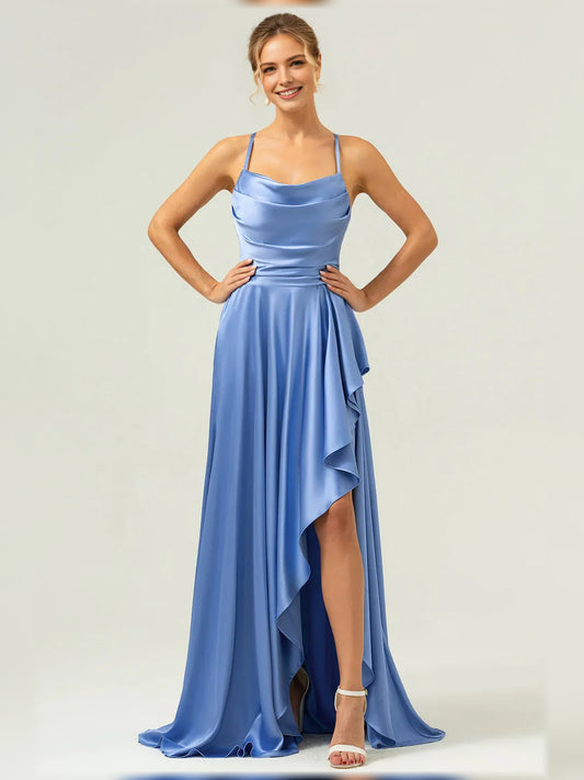 Blue a-line floor-length formal dress with cowl neckline, full-length front view