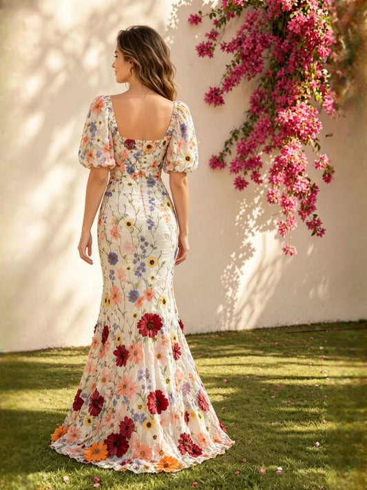 Ivory white floor-length wedding dress, front view showing the mermaid silhouette