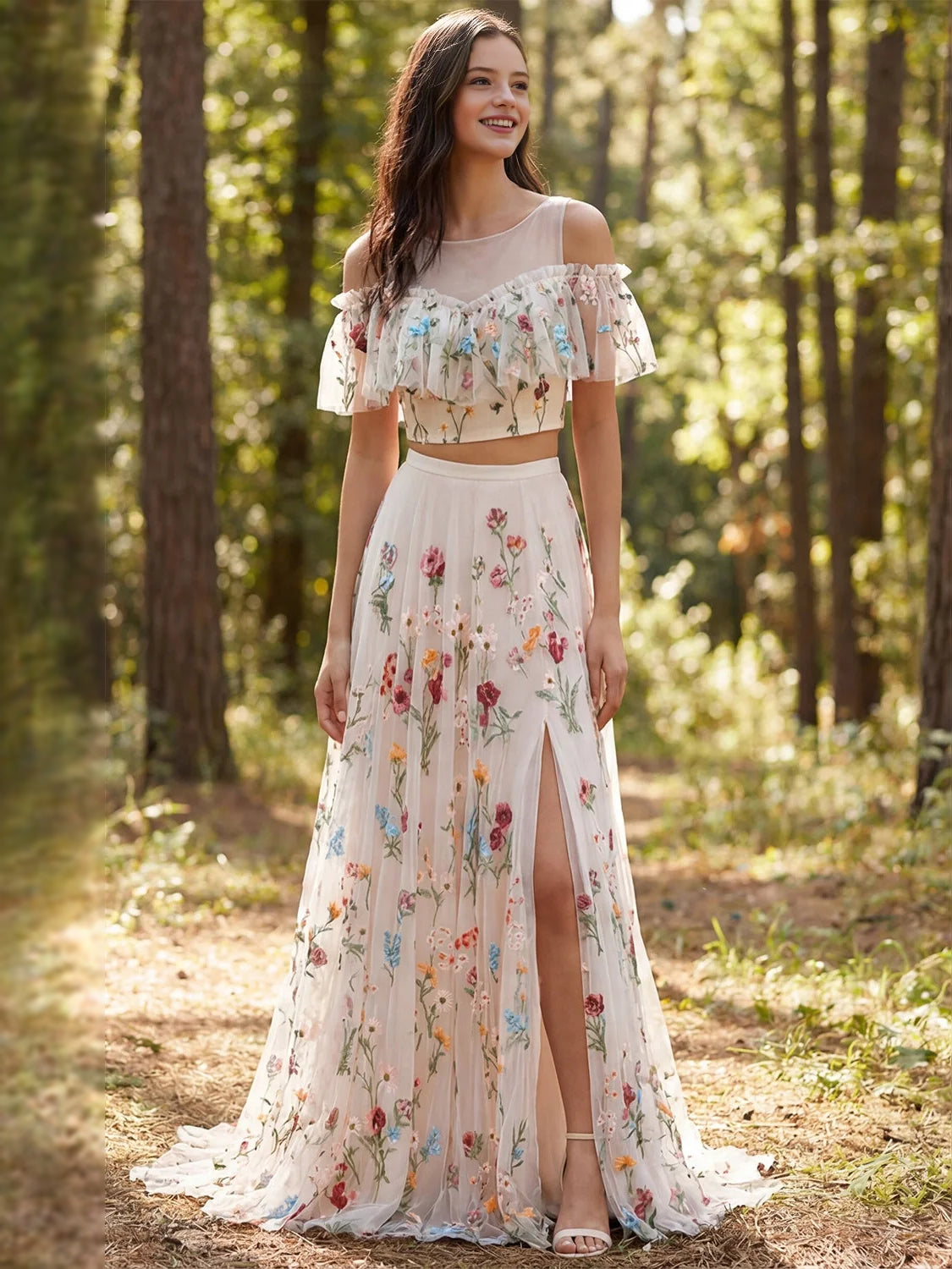 Ivory maxi bridesmaid dress, front view showing the a-line silhouette