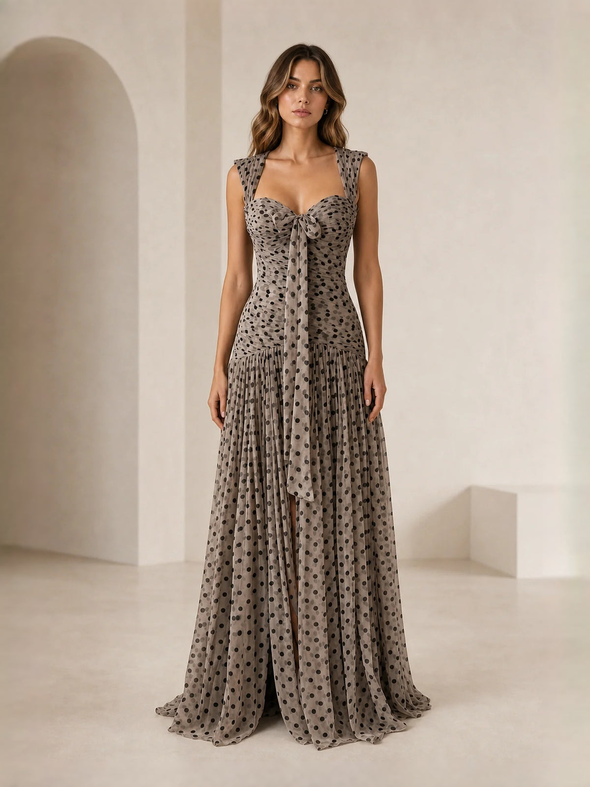 Taupe maxi prom dress, front view showing the a-line silhouette
