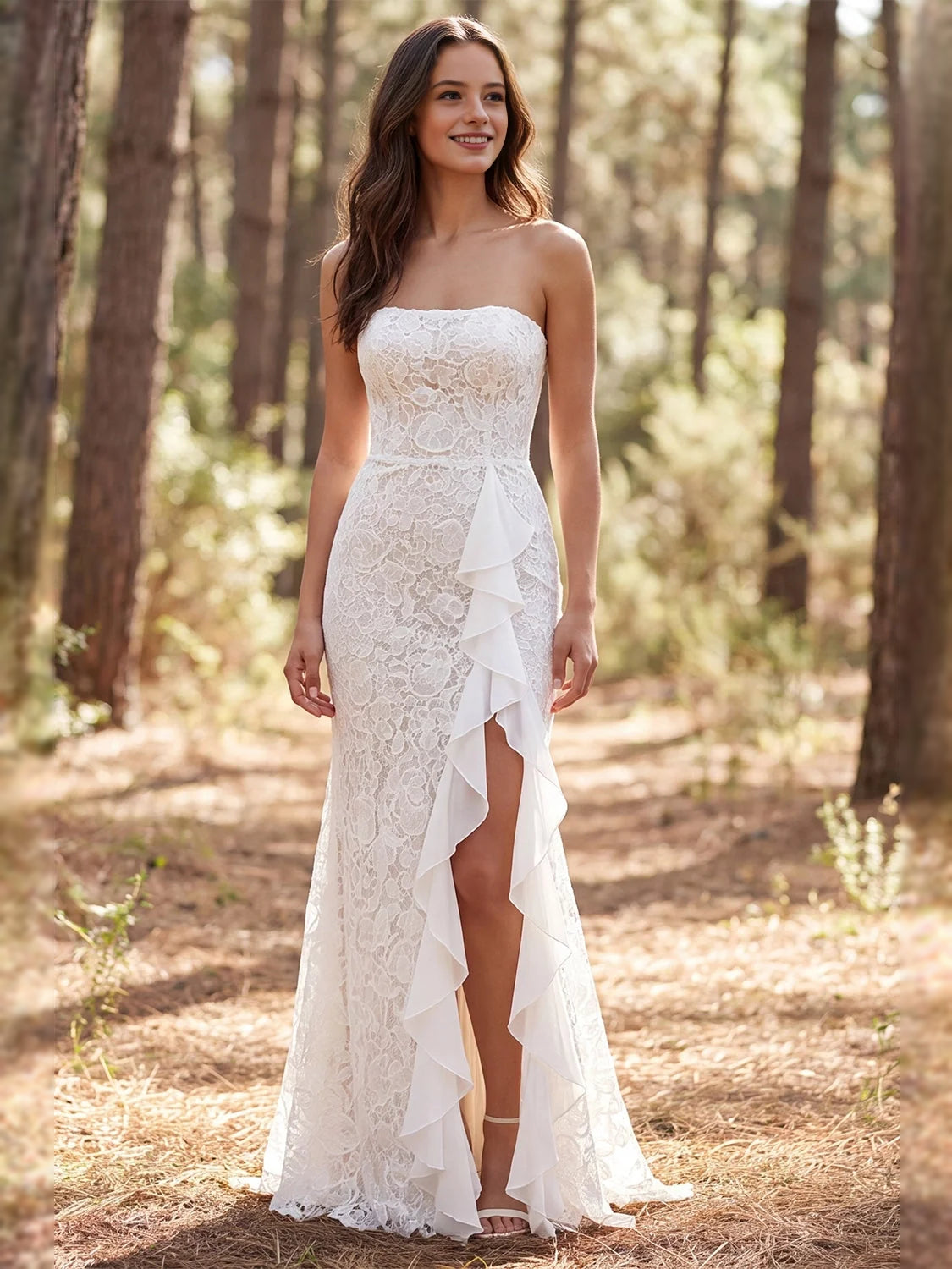 Ivory floor-length wedding dress, front view showing the mermaid silhouette