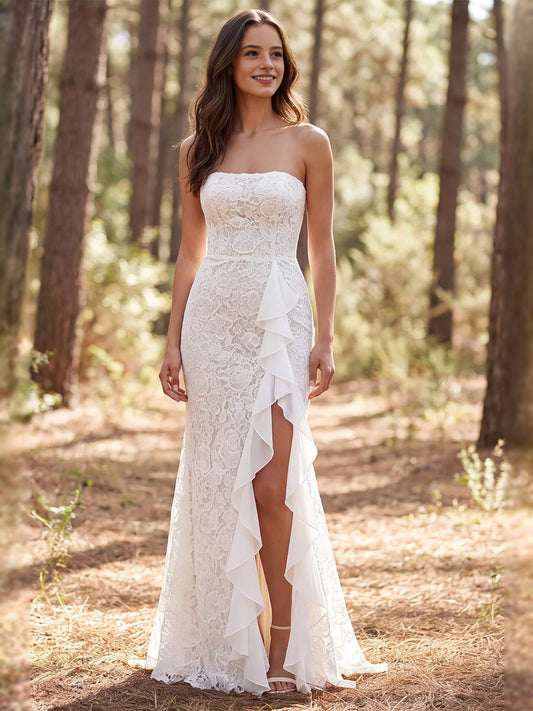 Ivory floor-length wedding dress, front view showing the mermaid silhouette