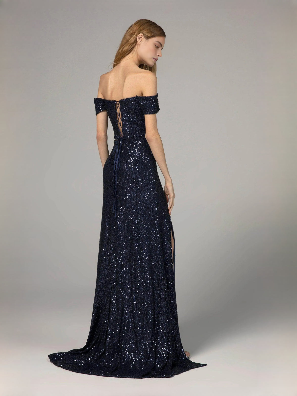 Dark Navy floor-length prom dress, front view showing the sheath silhouette