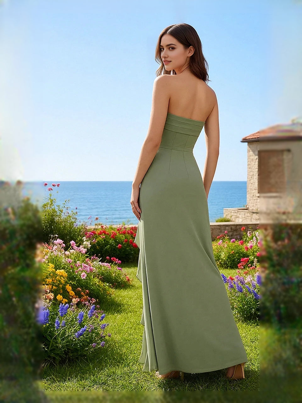 Moss maxi bridesmaid dress, front view showing the a-line silhouette