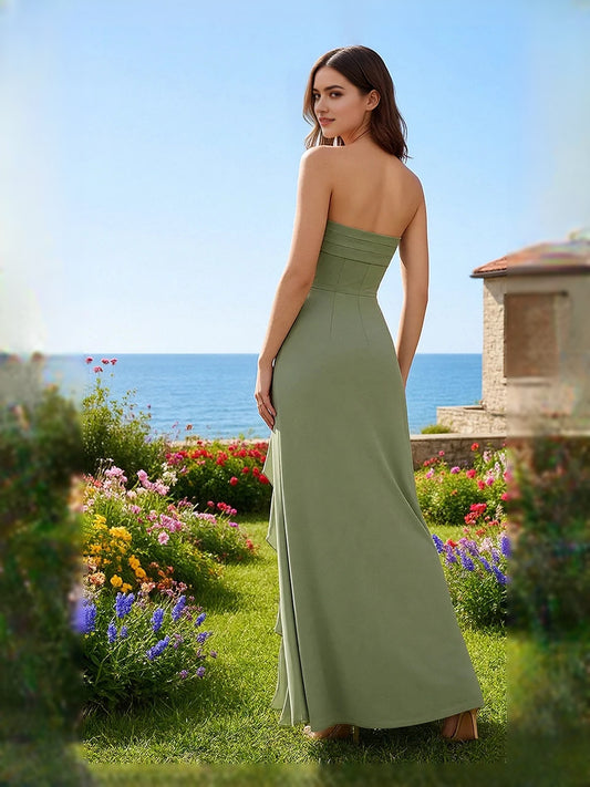 Moss maxi bridesmaid dress, front view showing the a-line silhouette