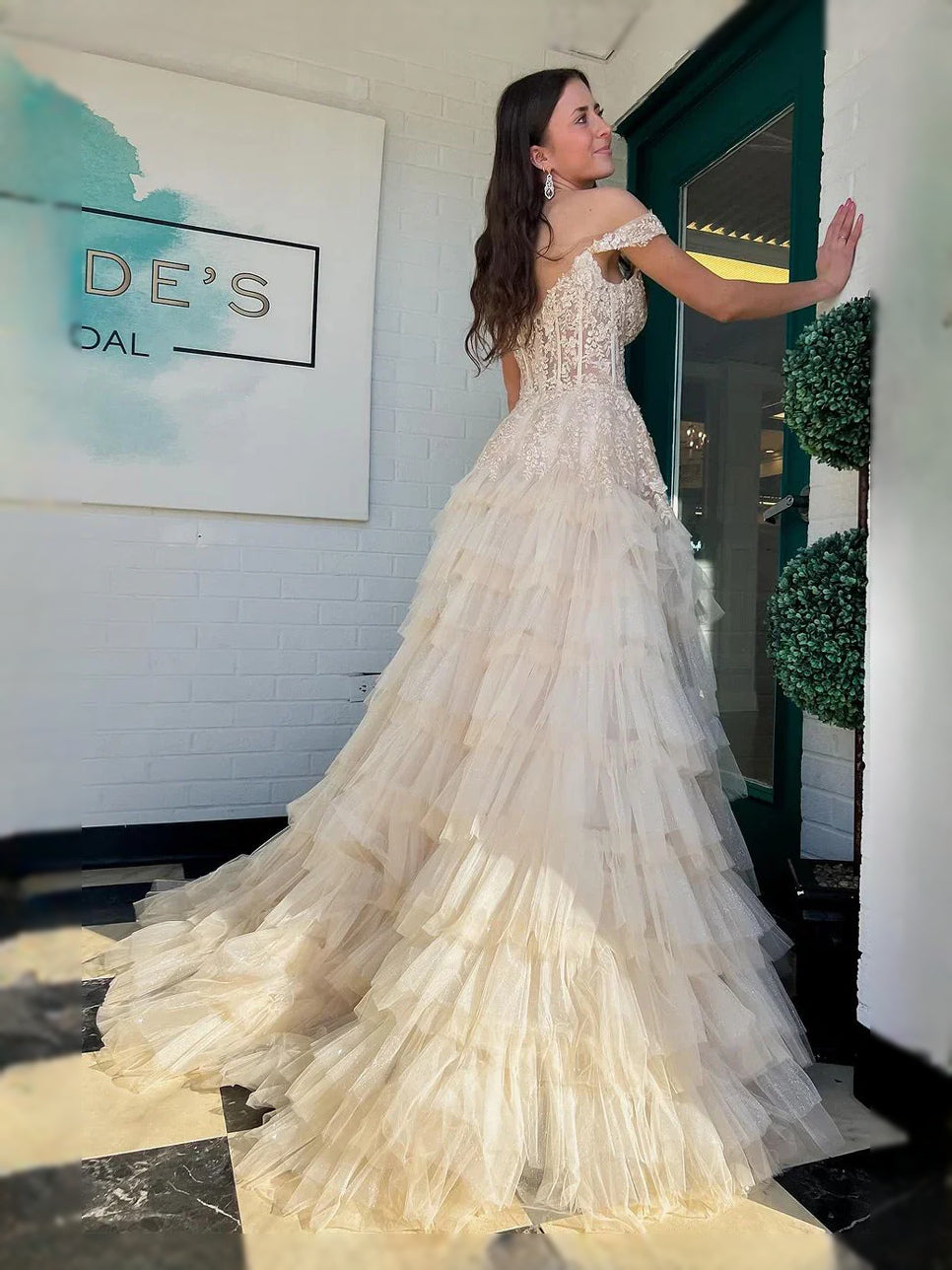 Champagne floor-length prom dress, front view showing the mermaid silhouette