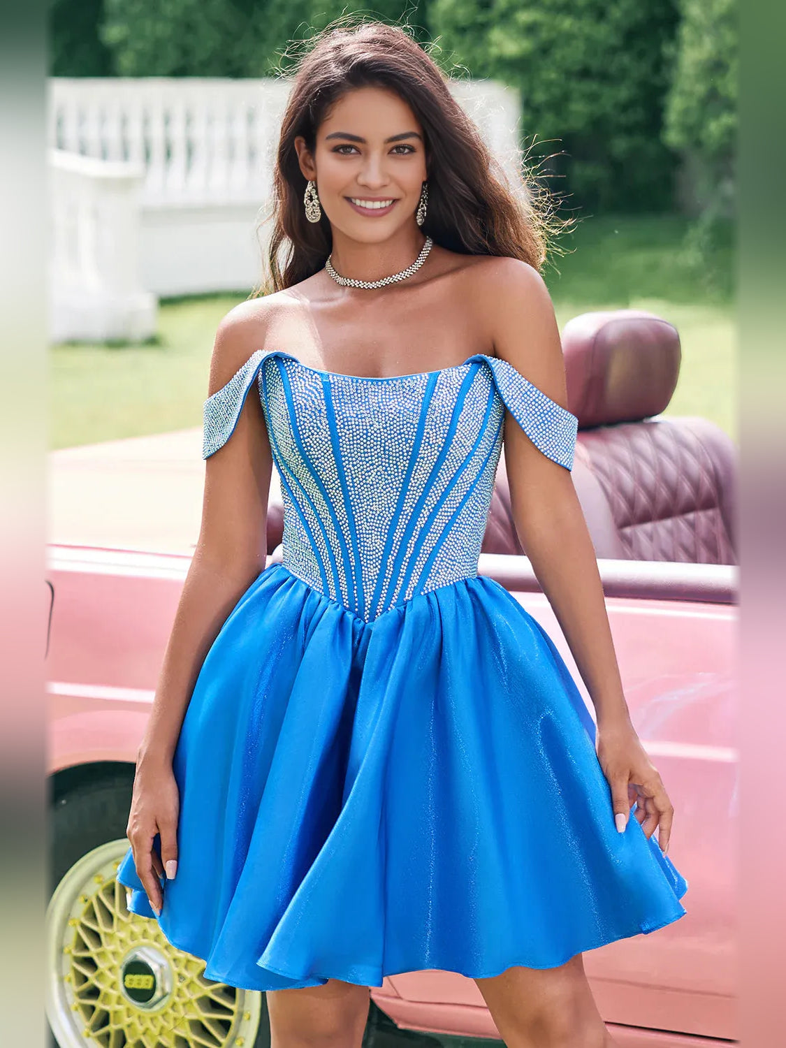 Ocean Blue mini homecoming dress, alternate view showing the full-length silhouette
