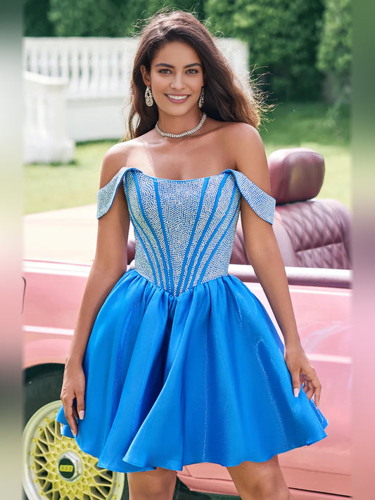 Ocean Blue mini homecoming dress, alternate view showing the full-length silhouette