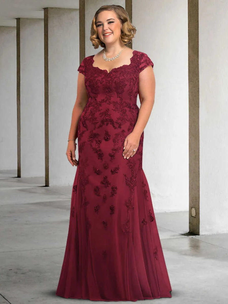 Burgundy floor-length mother of the bride dress, front view showing the a-line silhouette