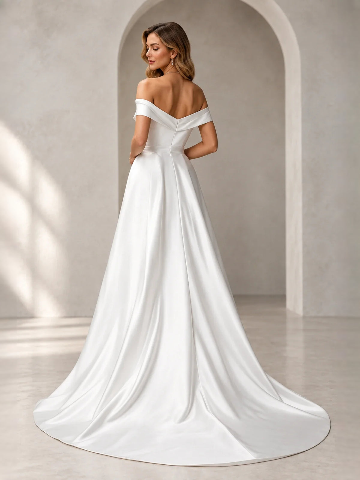 Ivory floor-length wedding dress, front view showing the sheath silhouette