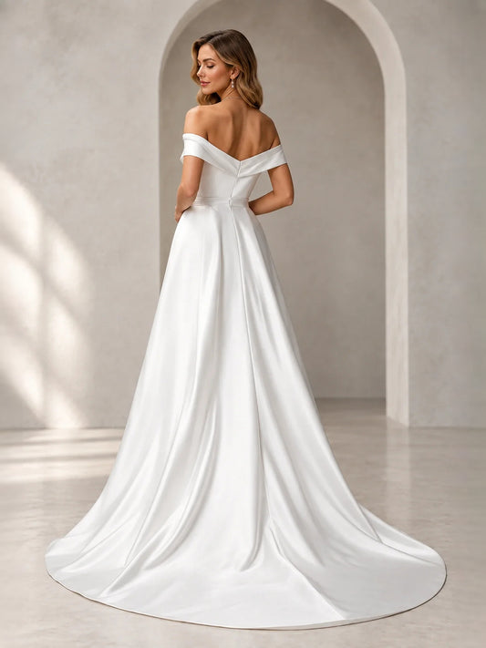 Ivory floor-length wedding dress, front view showing the sheath silhouette