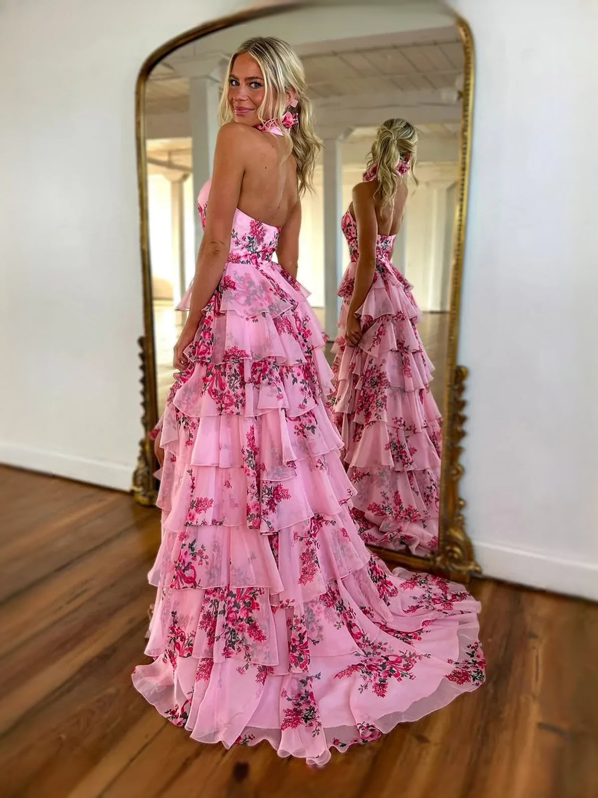 As Picture floor-length prom dress, front view showing the a-line silhouette