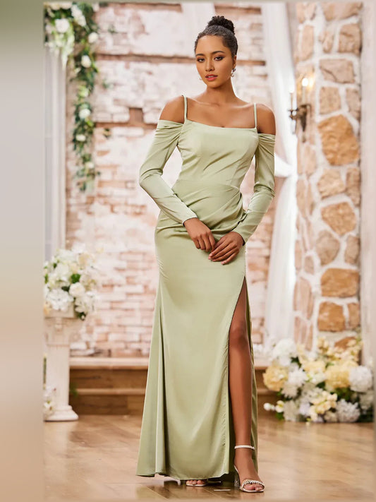 Sage Green mermaid floor-length formal dress with off-the-shoulder neckline, full-length front view