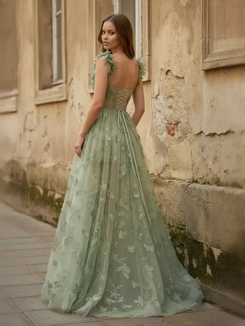 Sage Green floor-length prom dress, front view showing the a-line silhouette
