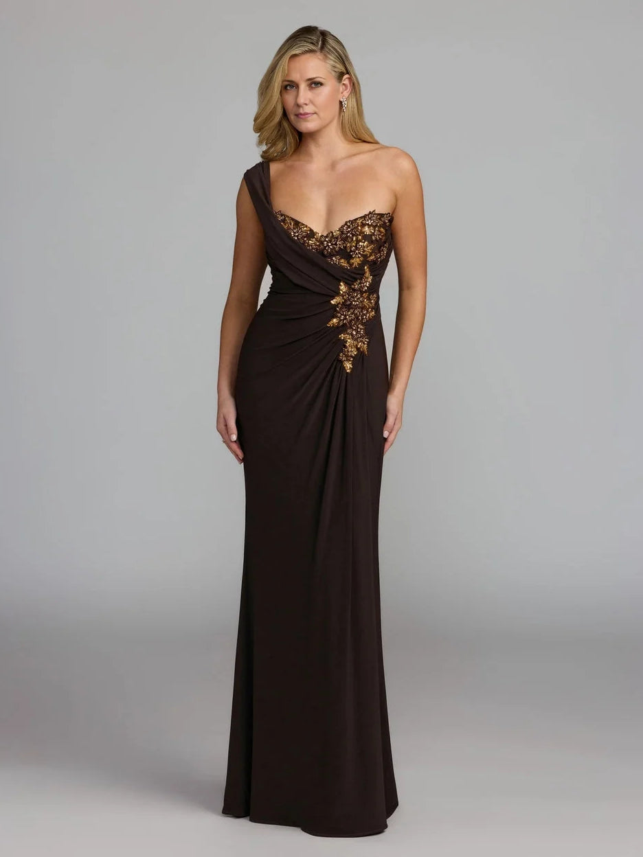 Espresso floor-length mother of the bride dress, front view showing the sheath silhouette