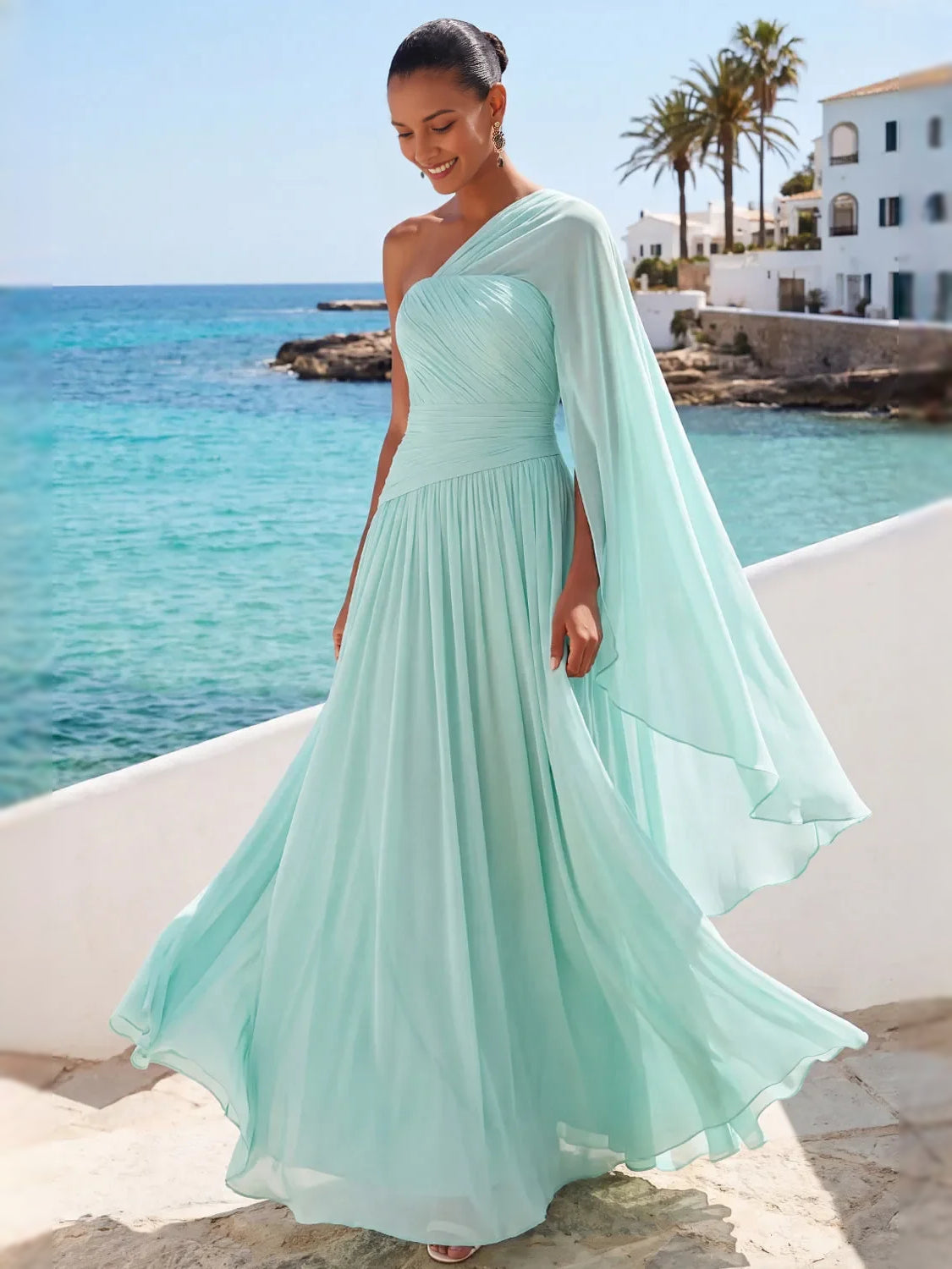 Mint Green maxi bridesmaid dress, front view showing the a-line silhouette