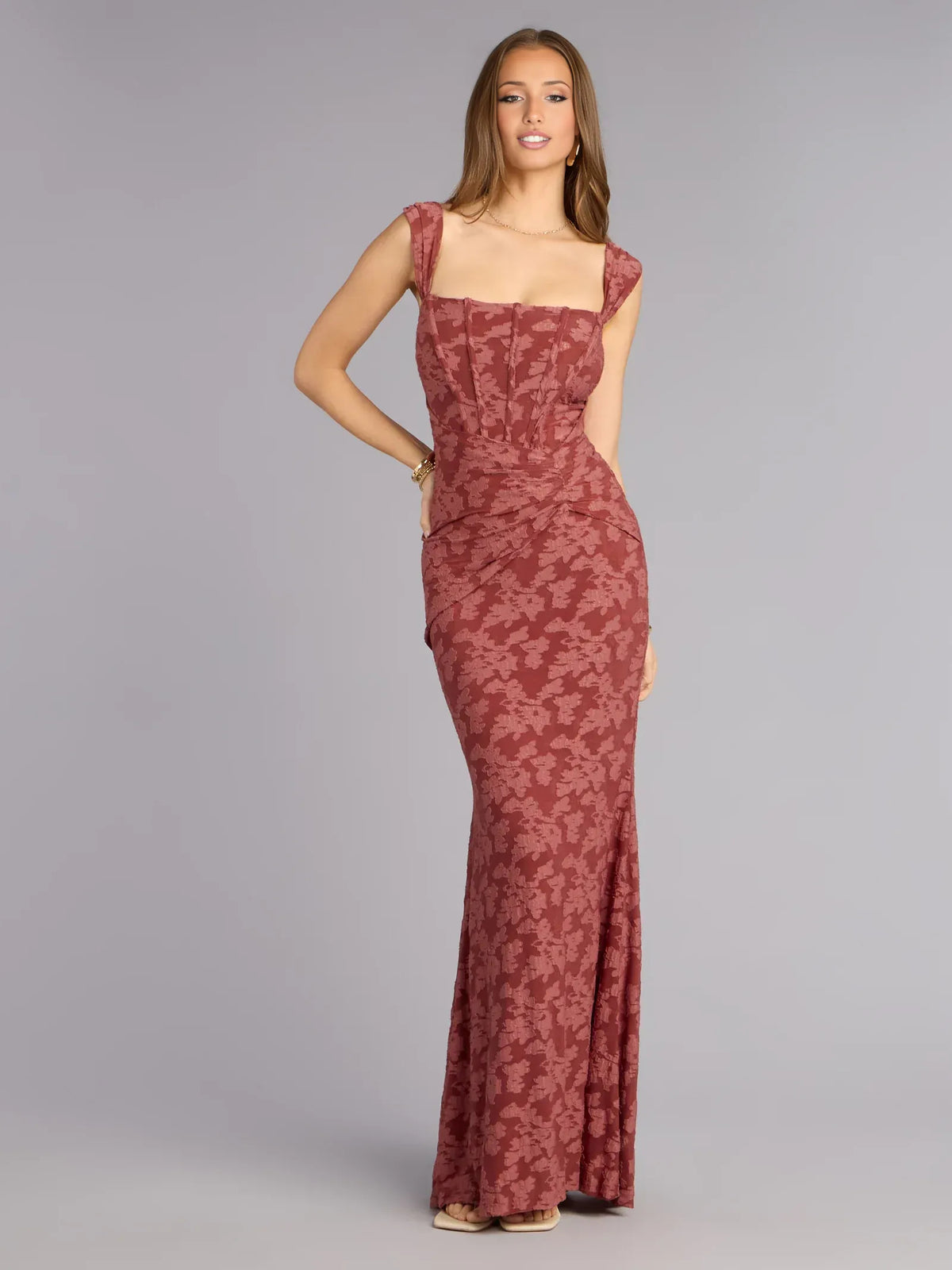 Floral mermaid floor-length formal dress with square neckline, full-length front view