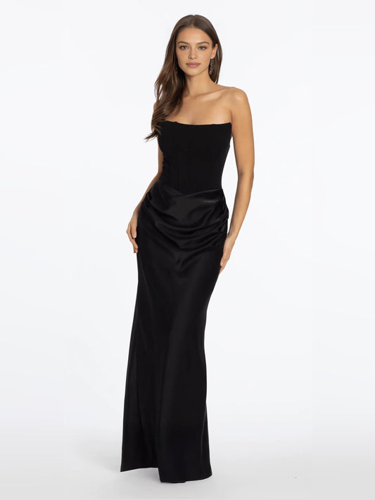 Black mermaid floor-length formal dress with strapless neckline, full-length front view