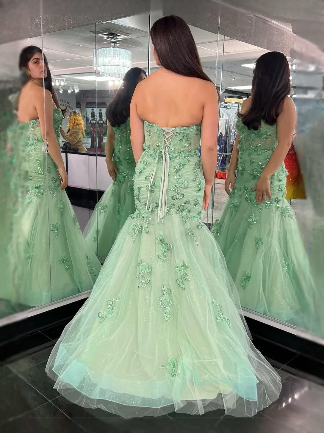 Mint Green maxi prom dress, front view showing the mermaid silhouette