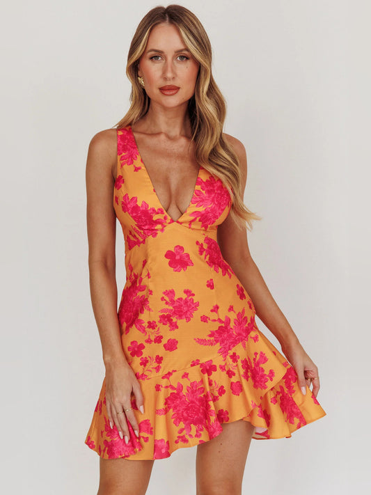 Orange mini homecoming dress, front view showing the silhouette