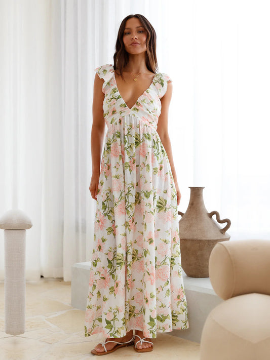 White a-line maxi formal dress with V-neckline, full-length front view