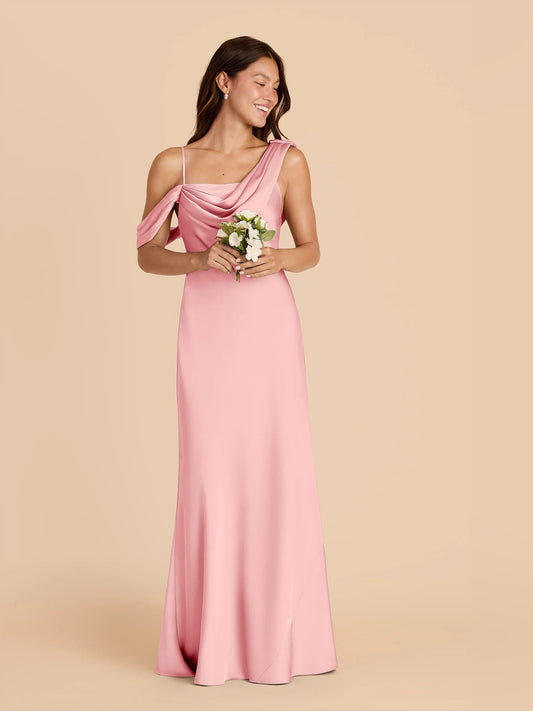 Pink a-line floor-length formal dress with one-shoulder neckline, full-length front view