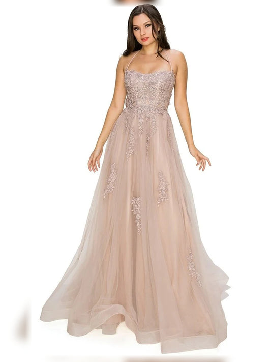 Champagne floor-length bridesmaid dress, front view showing the a-line silhouette