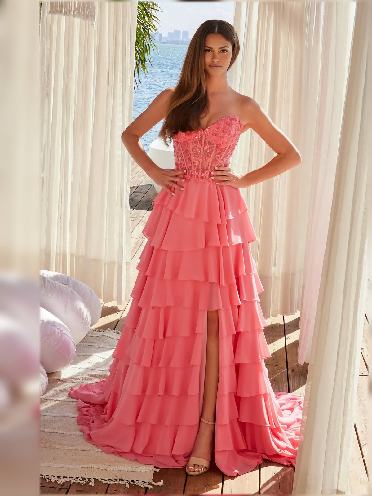 Watermelon a-line floor-length formal dress with sweetheart neckline, full-length front view
