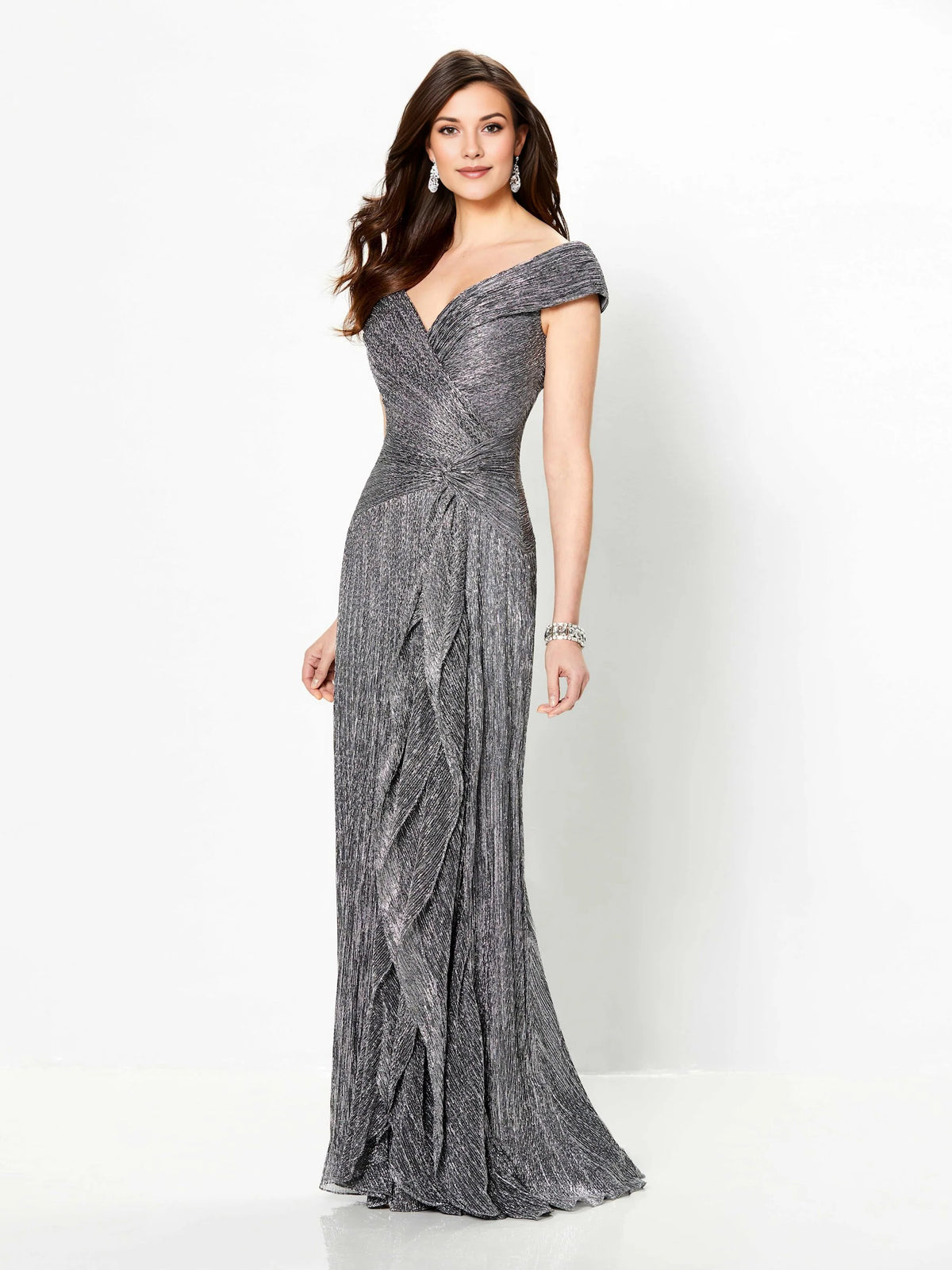 Charcoal a-line floor-length formal dress with off-the-shoulder neckline, full-length front view