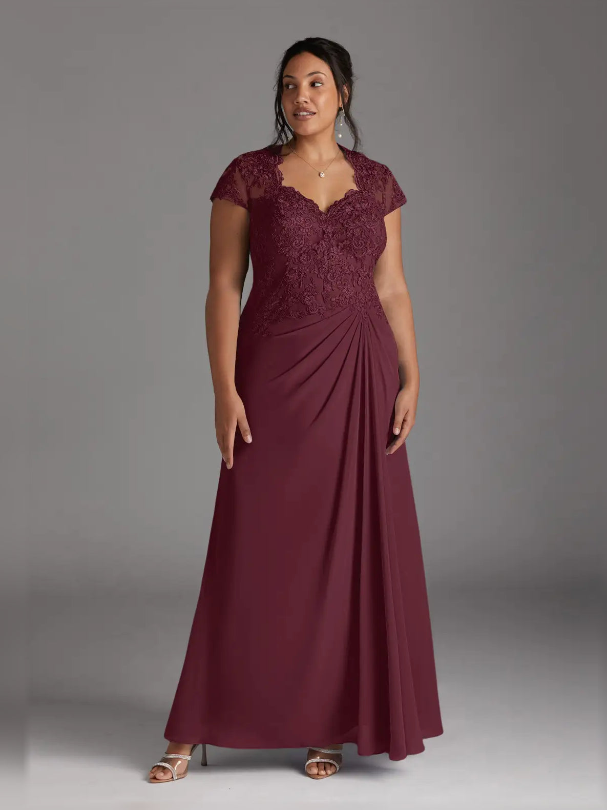 Cabernet maxi mother of the bride dress, front view showing the a-line silhouette